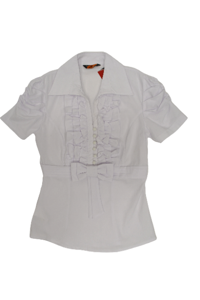 Рубашка д/девочки белая длин.рукав с рюшей и поясом Elly р.34-42 х/б фото 1